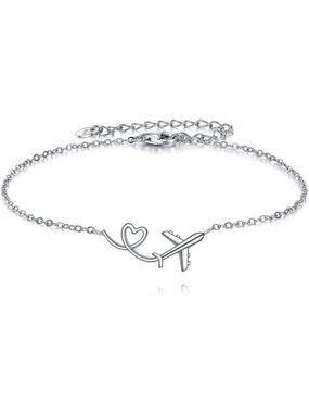 Sterling Silver Airplane Bracelet | Heart Charm Jewelry Gift for Him & Her